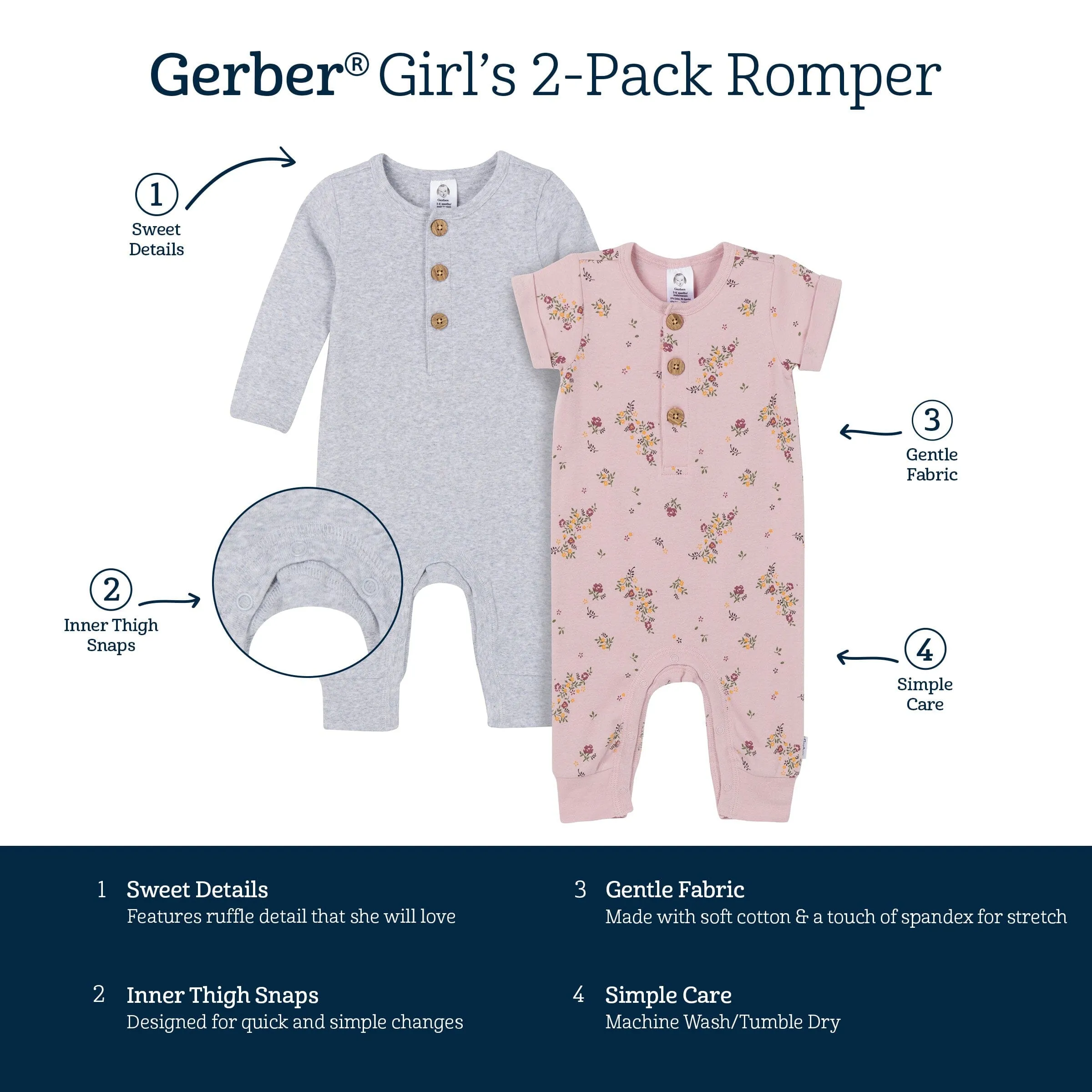 2-Pack Baby Girls Floral & Gray Rompers