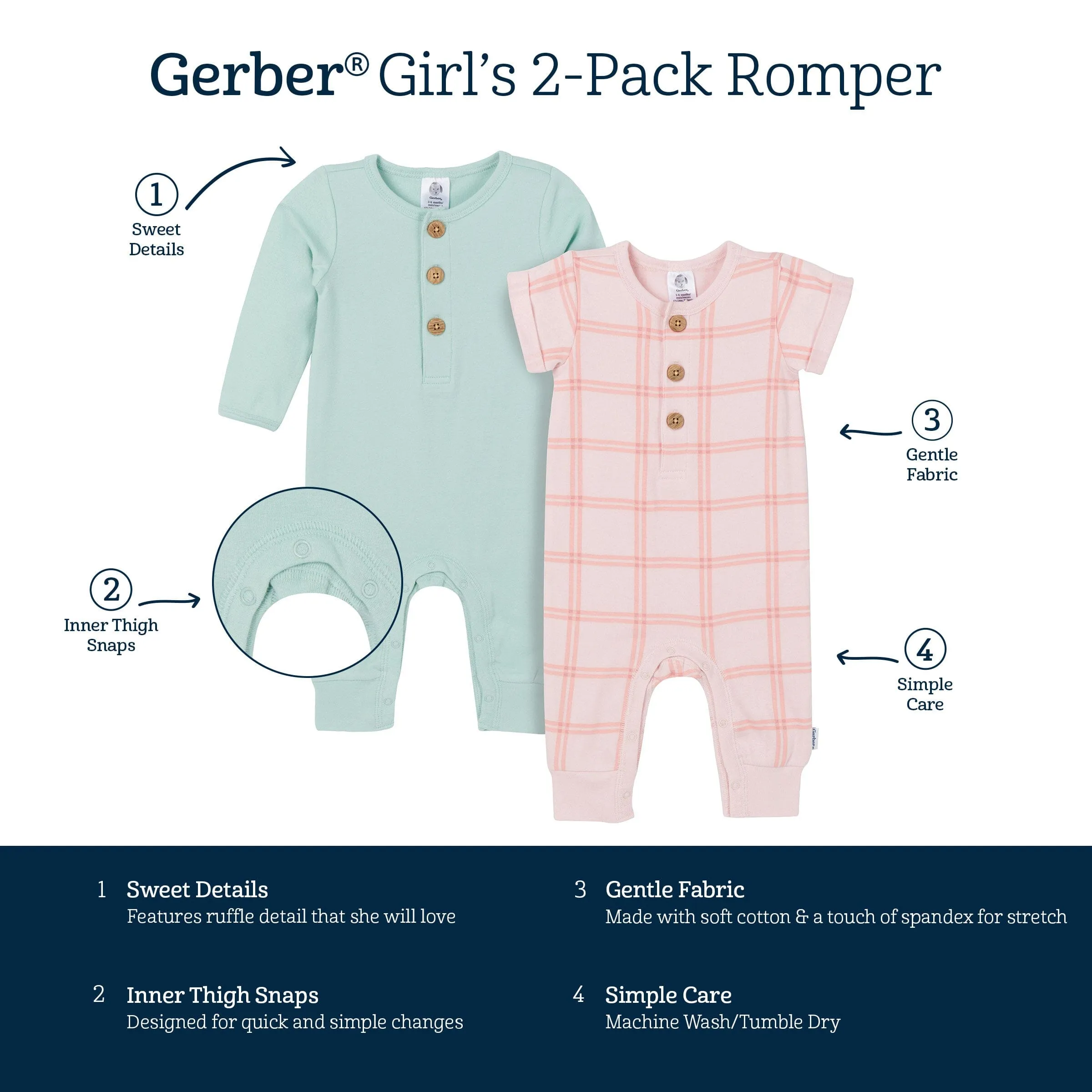 2-Pack Baby Girls Pink Plaid & Green Rompers