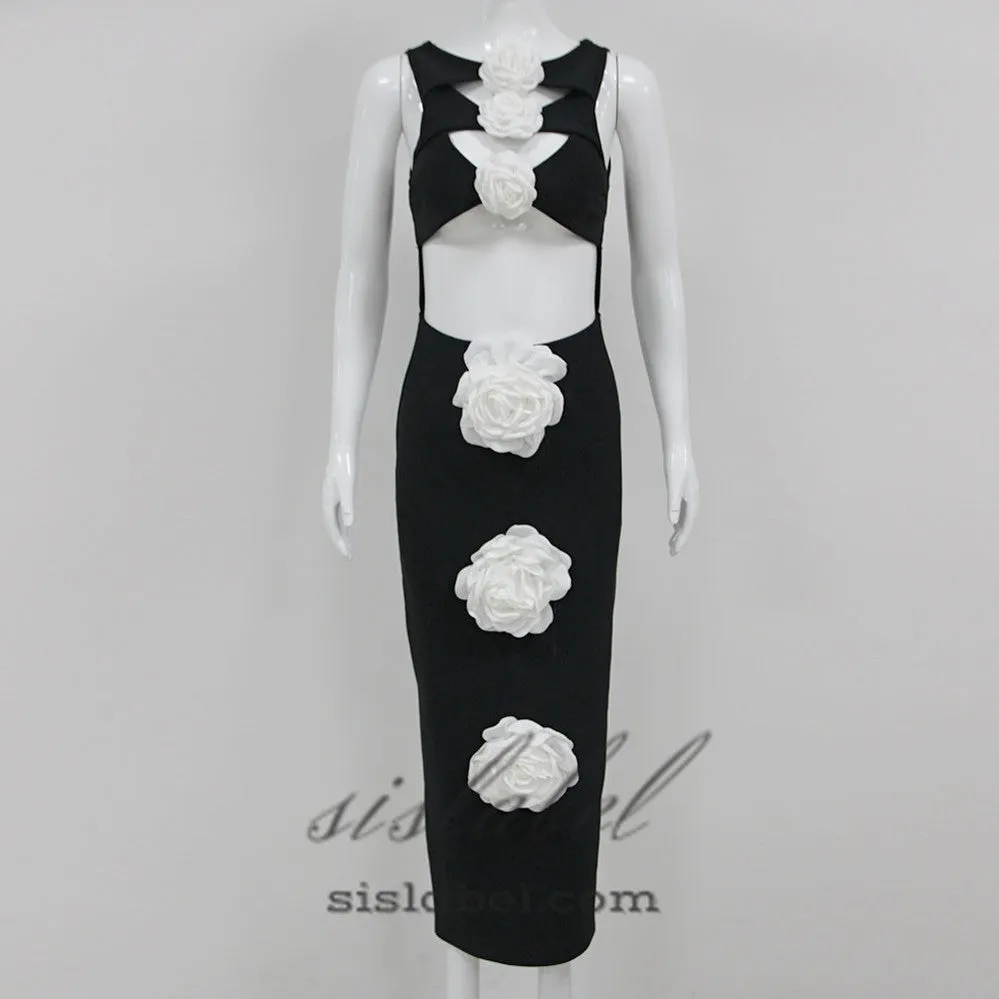 3D FLOWER CUT OUT BODYCON MIDI DRESS IN BLACK