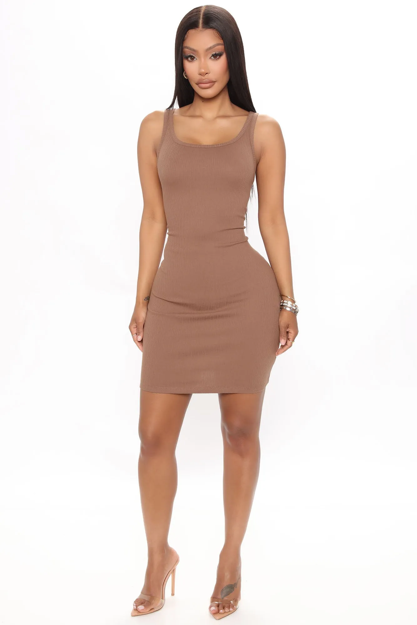 Abigail Ribbed Mini Dress - Brown