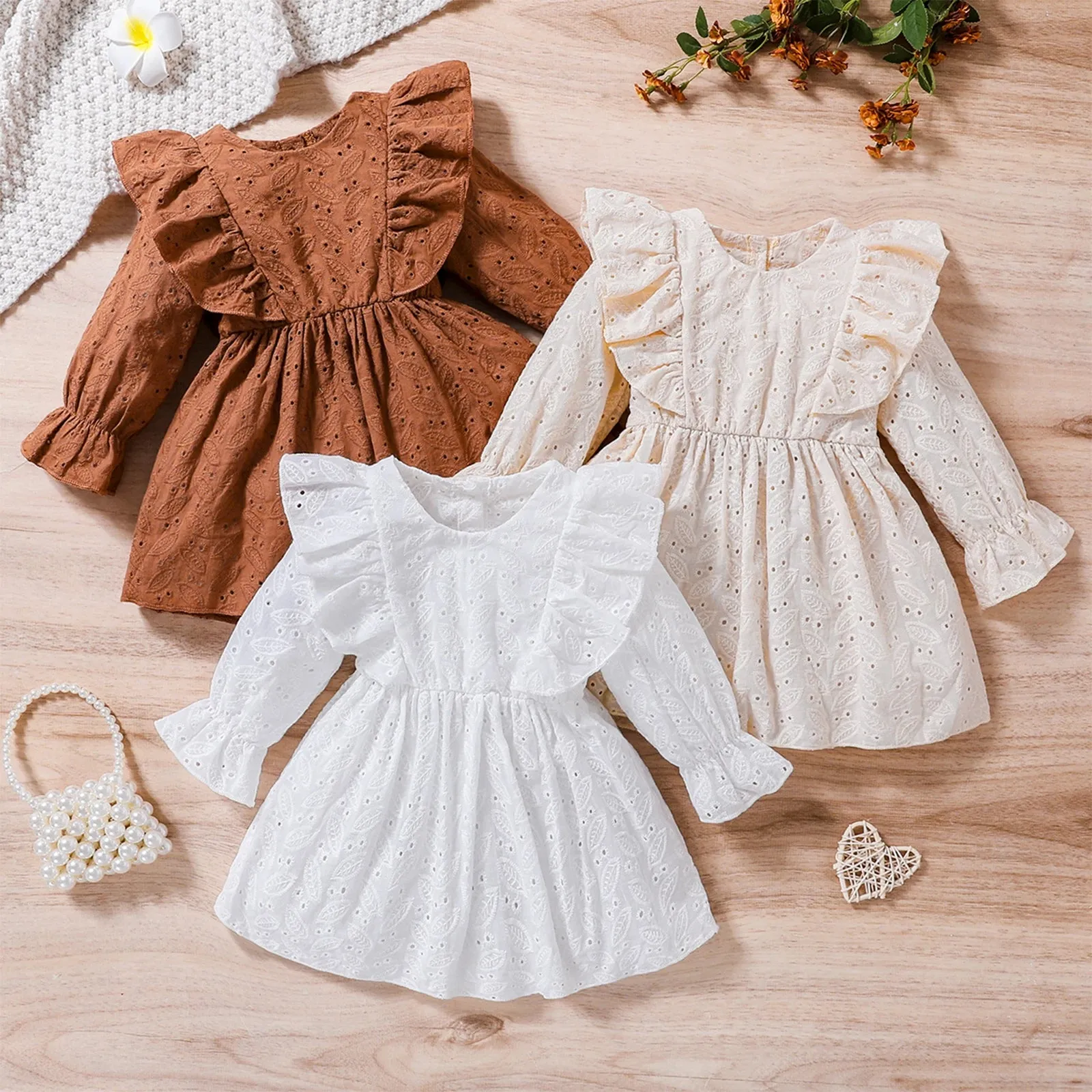 Adorable Eyelet Lace Ruffle Baby Girls Autumn Dress Layette