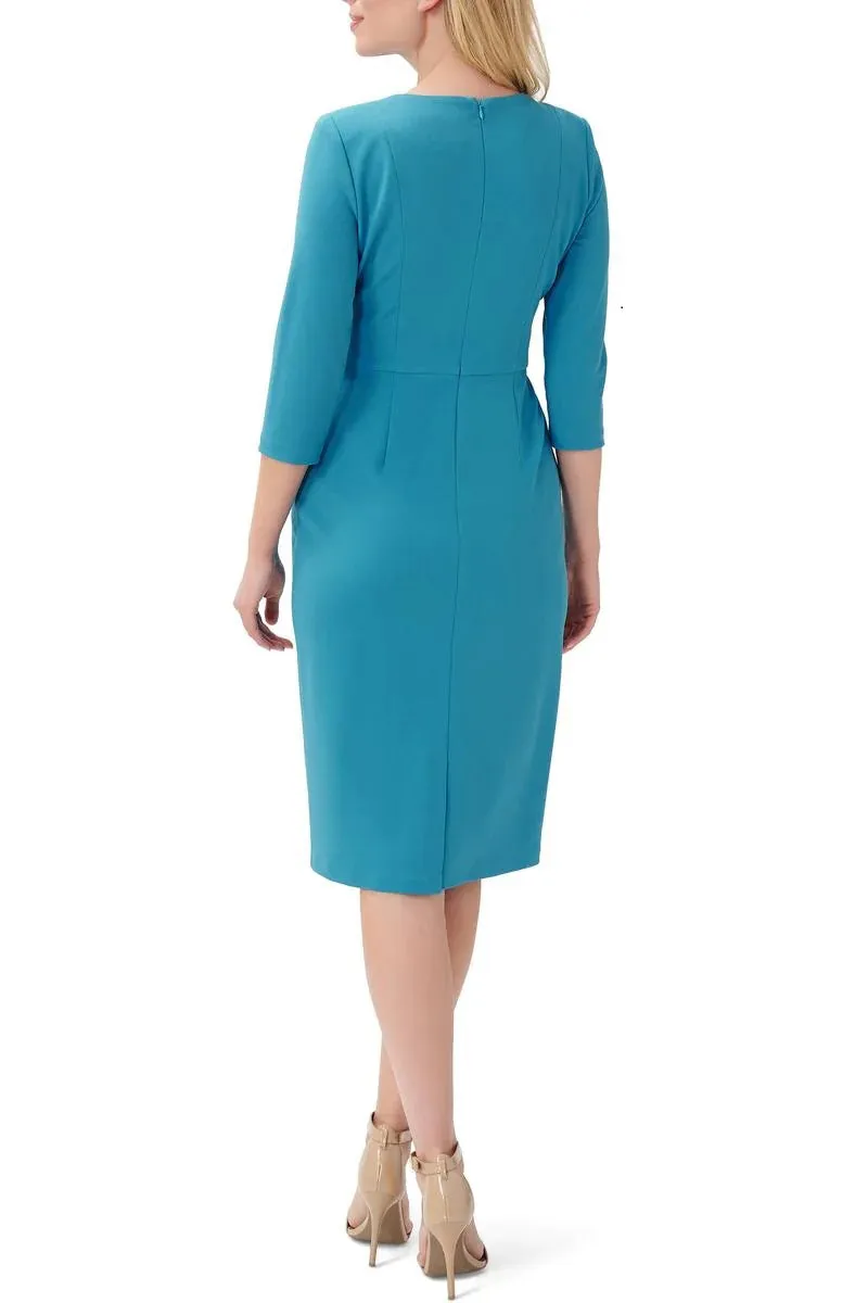 Adrianna Papell Crew Neck 3/4 Sleeve Tie Waist Bodycon Zipper Back Solid Knit Crepe Dress