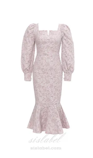 ALICE FLORAL JACQUARD PUFF SLEEVE BODYCON MAXI DRESS IN PINK