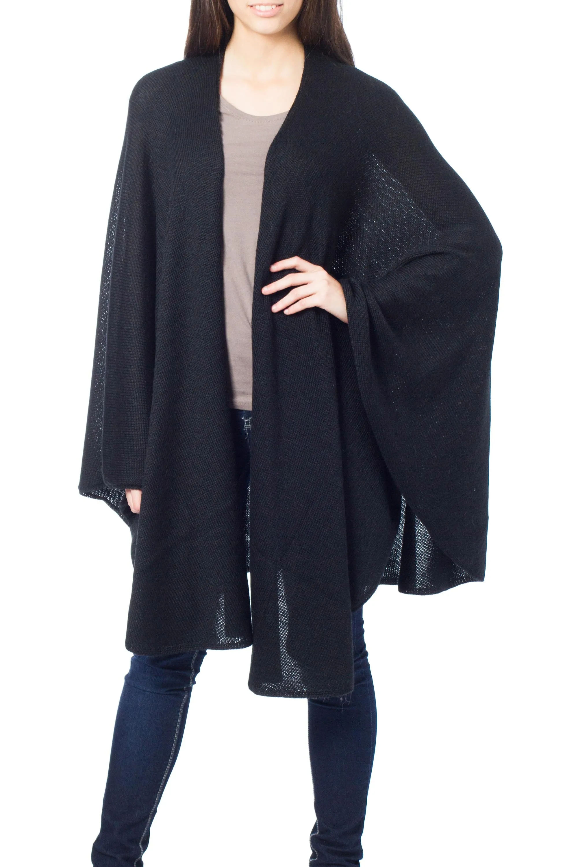 Alpaca Wool Solid Black Wrap Ruana - Bold Black | NOVICA