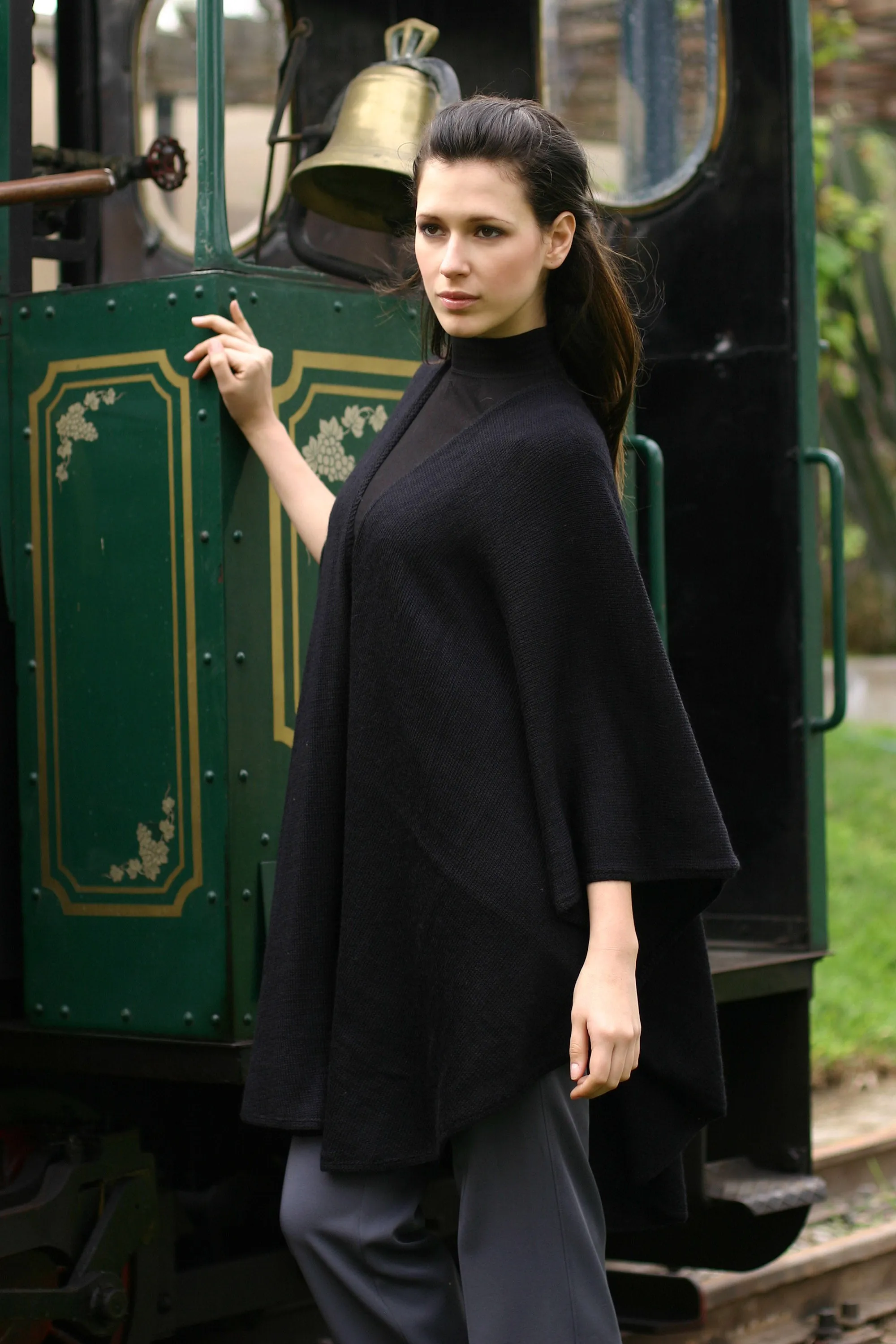 Alpaca Wool Solid Black Wrap Ruana - Bold Black | NOVICA