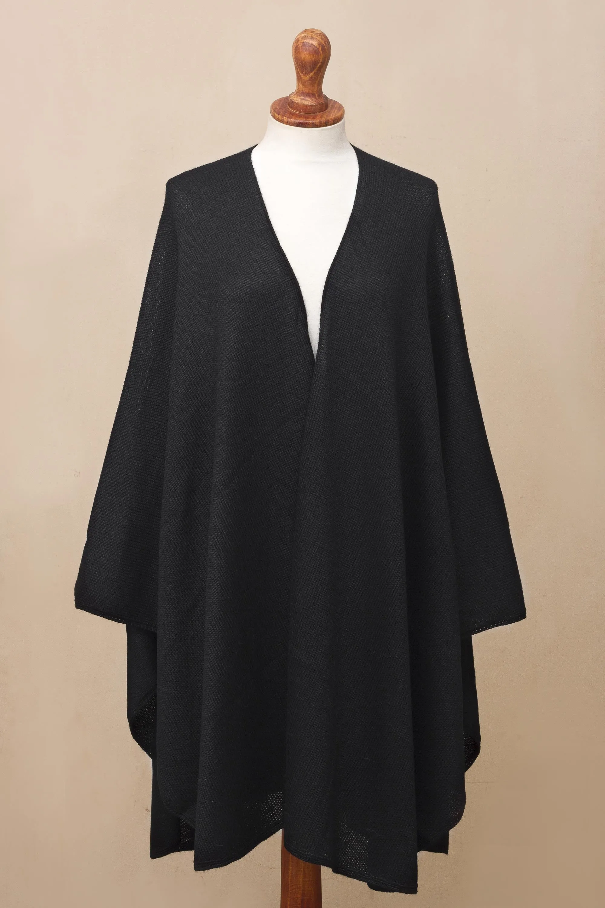 Alpaca Wool Solid Black Wrap Ruana - Bold Black | NOVICA