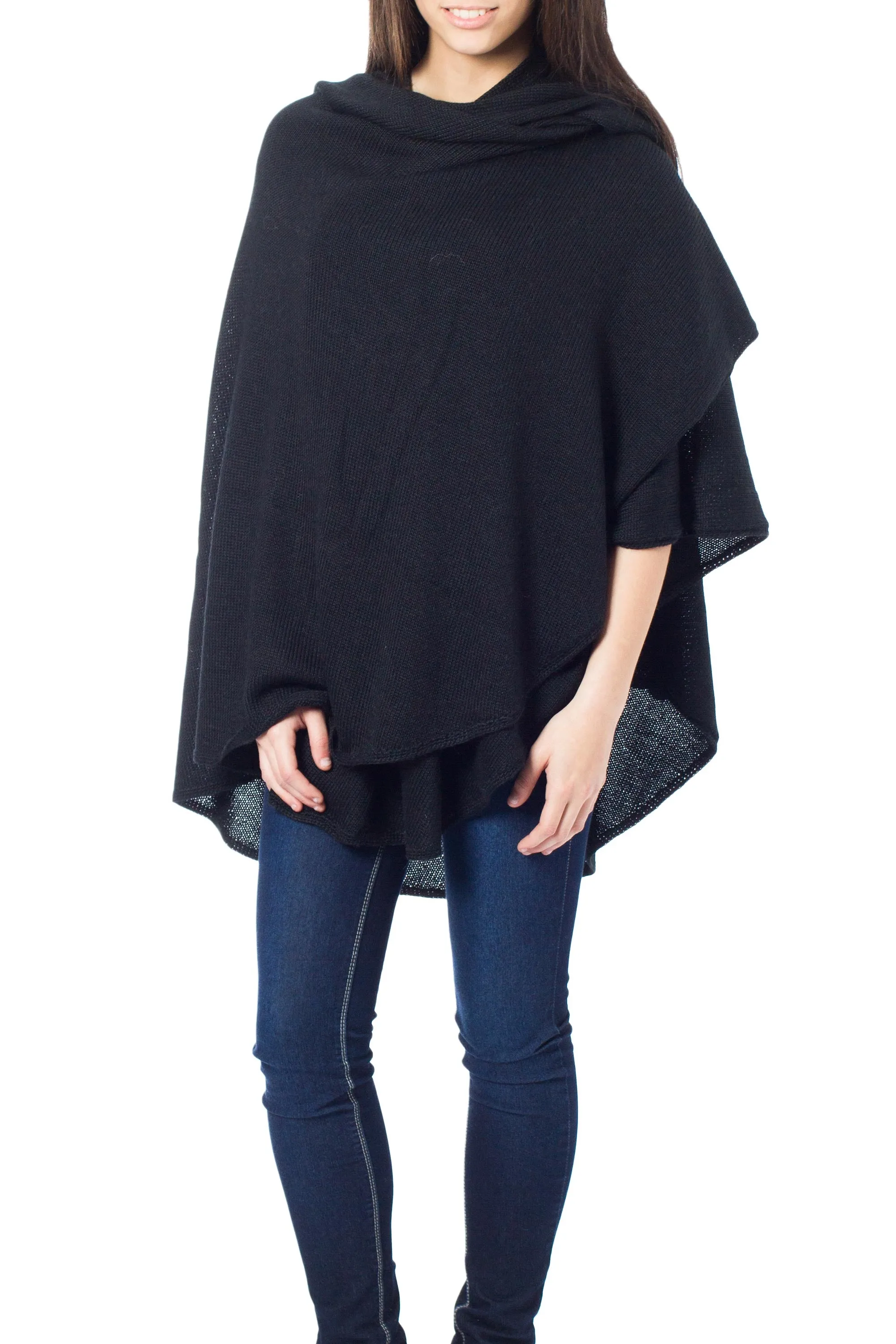 Alpaca Wool Solid Black Wrap Ruana - Bold Black | NOVICA