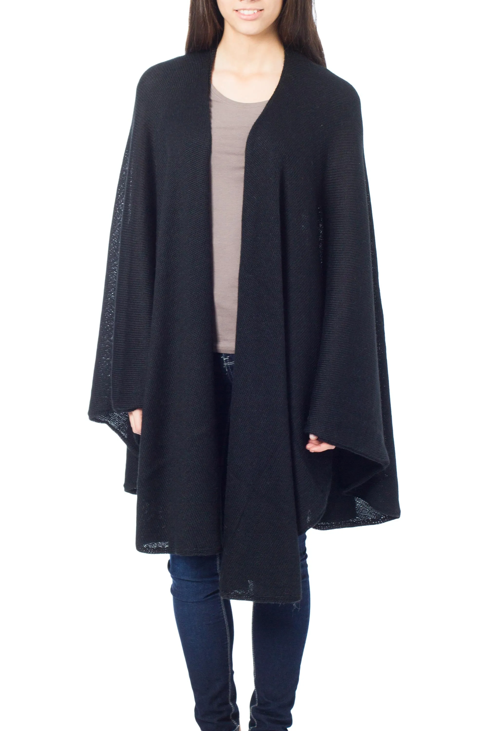 Alpaca Wool Solid Black Wrap Ruana - Bold Black | NOVICA