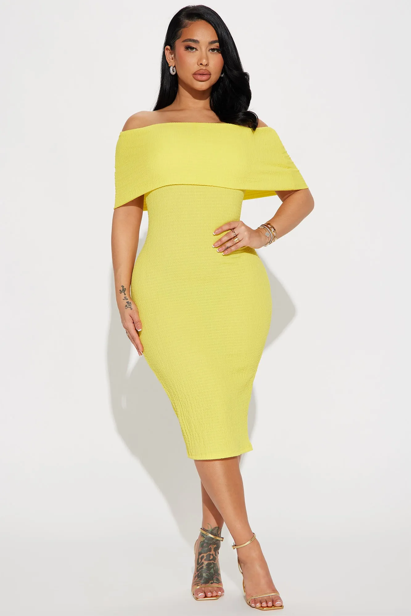 Ana Off Shoulder Midi Dress - Yellow