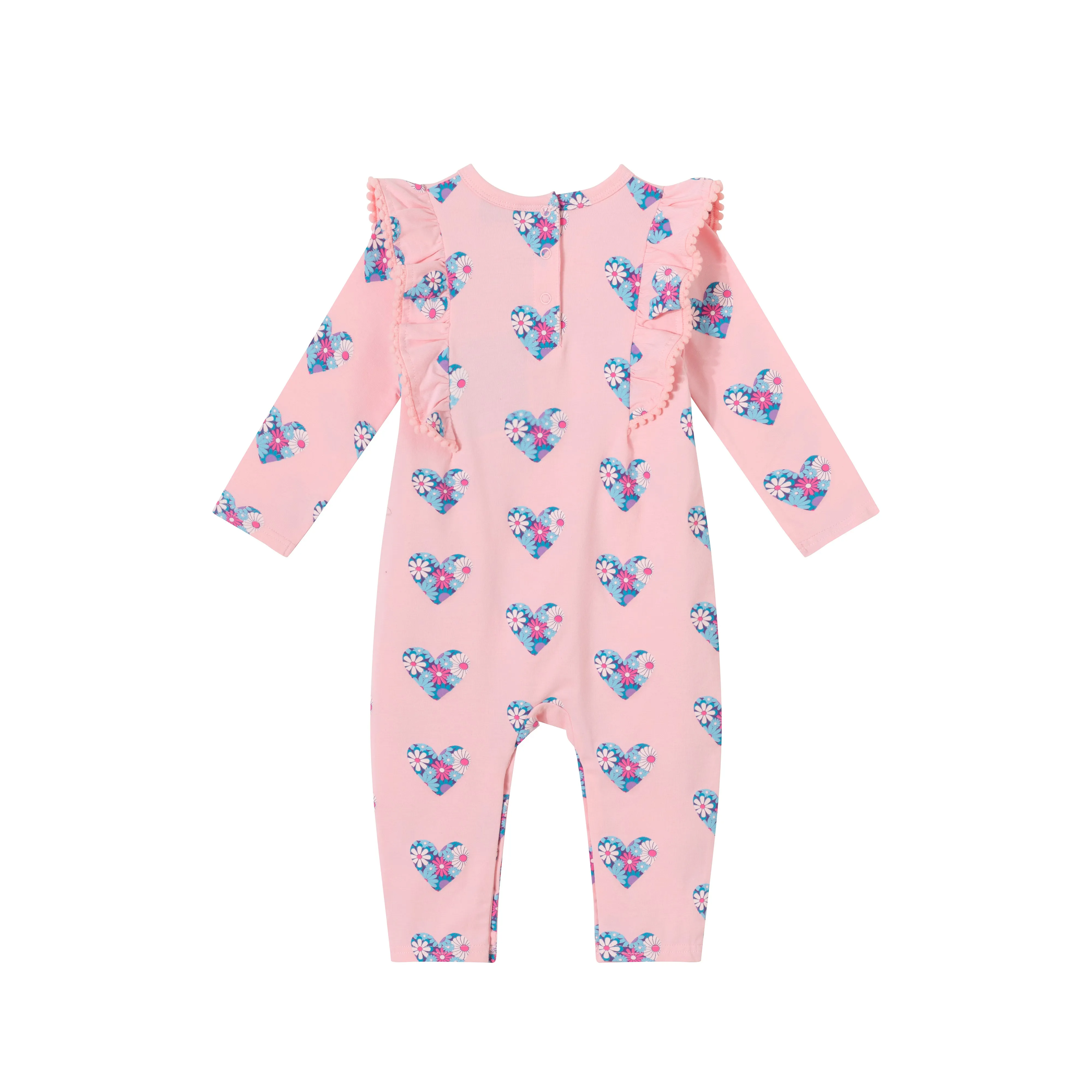 Andy & Evan Printed Long Sleeve Romper with Pom Pom Trim