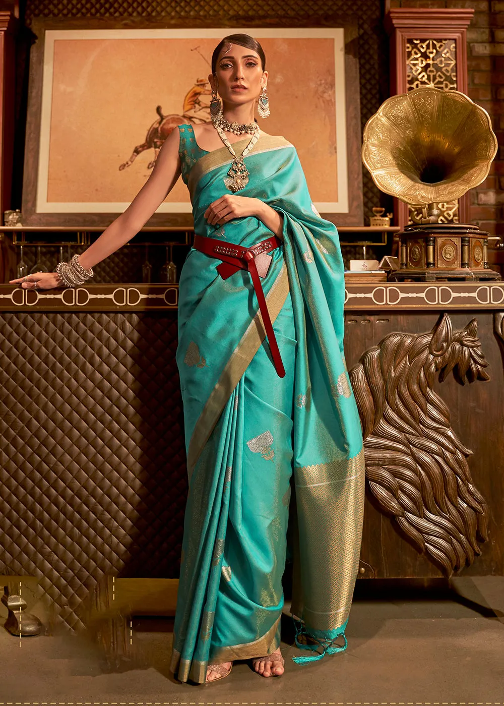 Aqua Green Handloom Silk Weaving Contemporary Saree