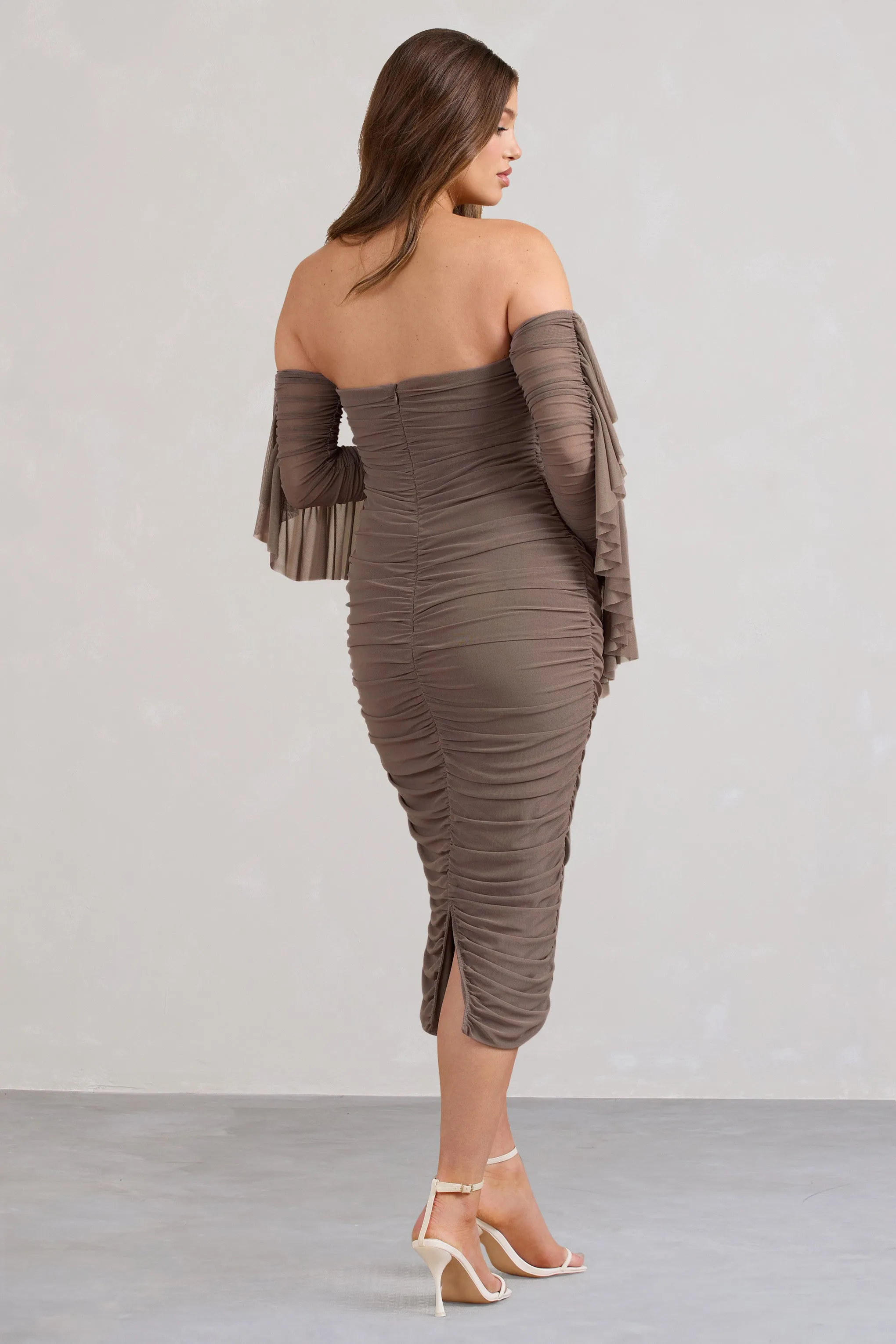 Aroma | Brown Ruched Mesh Maternity Midi Dress With Ruffled Sleeves