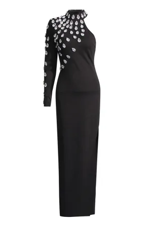 Asymmetric Crystal Mock Neck Long Sleeve Bodycon Split Evening Maxi Dress