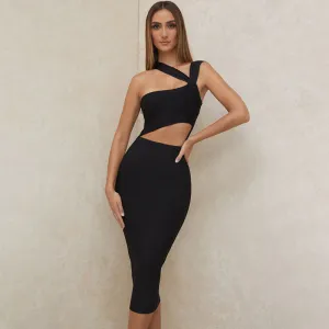 Asymmetrical Suspender Strap Cut Out Bodycon Party Midi Dress - Black