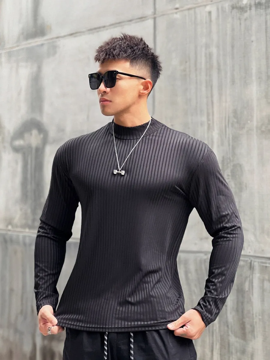 Autumn Casual Skinny T-shirt Men Long Sleeves Solid Shirt Gym Fitness Bodybuilding Tees Black Tops Male Fashion Stripes Clothing