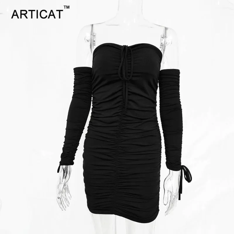 Autumn Winter Bandage Off Shoulder Long Sleeve Slim Elastic Bodycon Party Dresses