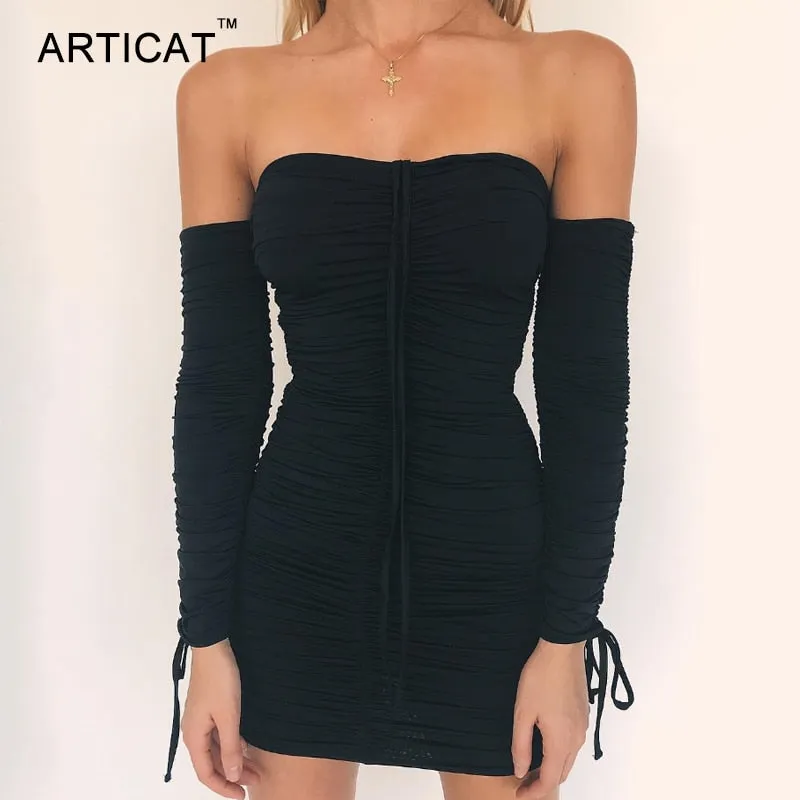 Autumn Winter Bandage Off Shoulder Long Sleeve Slim Elastic Bodycon Party Dresses