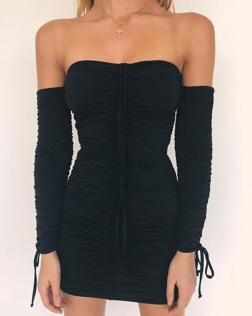 Autumn Winter Bandage Off Shoulder Long Sleeve Slim Elastic Bodycon Party Dresses