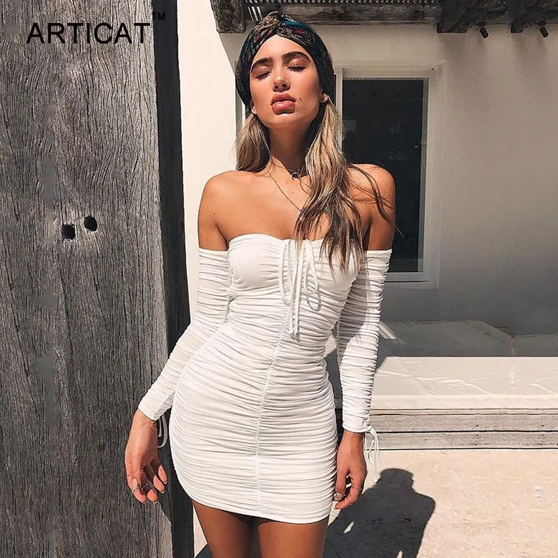 Autumn Winter Bandage Off Shoulder Long Sleeve Slim Elastic Bodycon Party Dresses