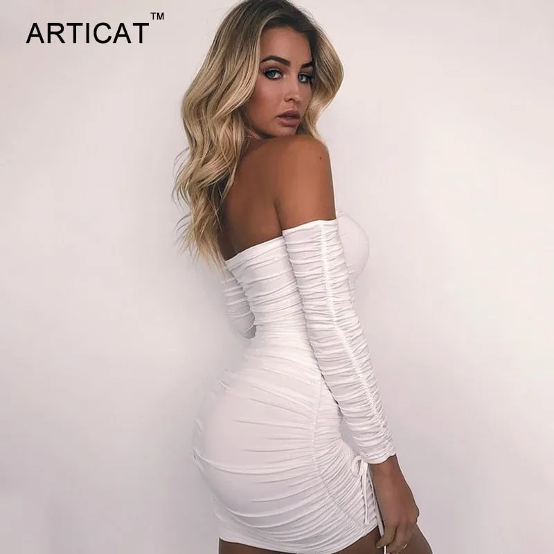 Autumn Winter Bandage Off Shoulder Long Sleeve Slim Elastic Bodycon Party Dresses