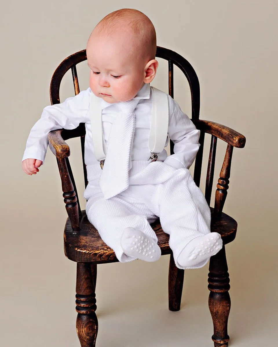 Baby Boys White Knit 4pc Romper Pants Tie Suspenders Christening Outfit NB-24M