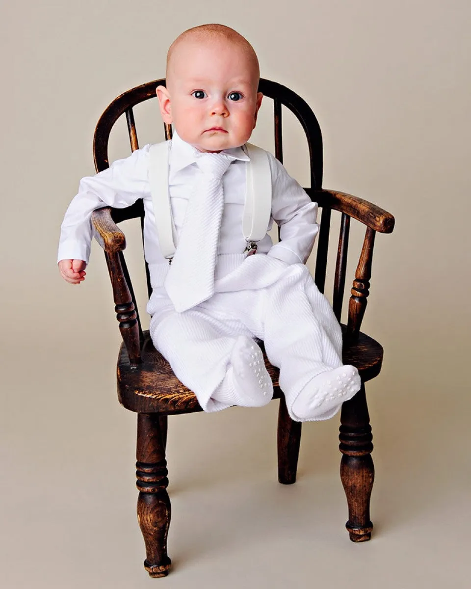 Baby Boys White Knit 4pc Romper Pants Tie Suspenders Christening Outfit NB-24M