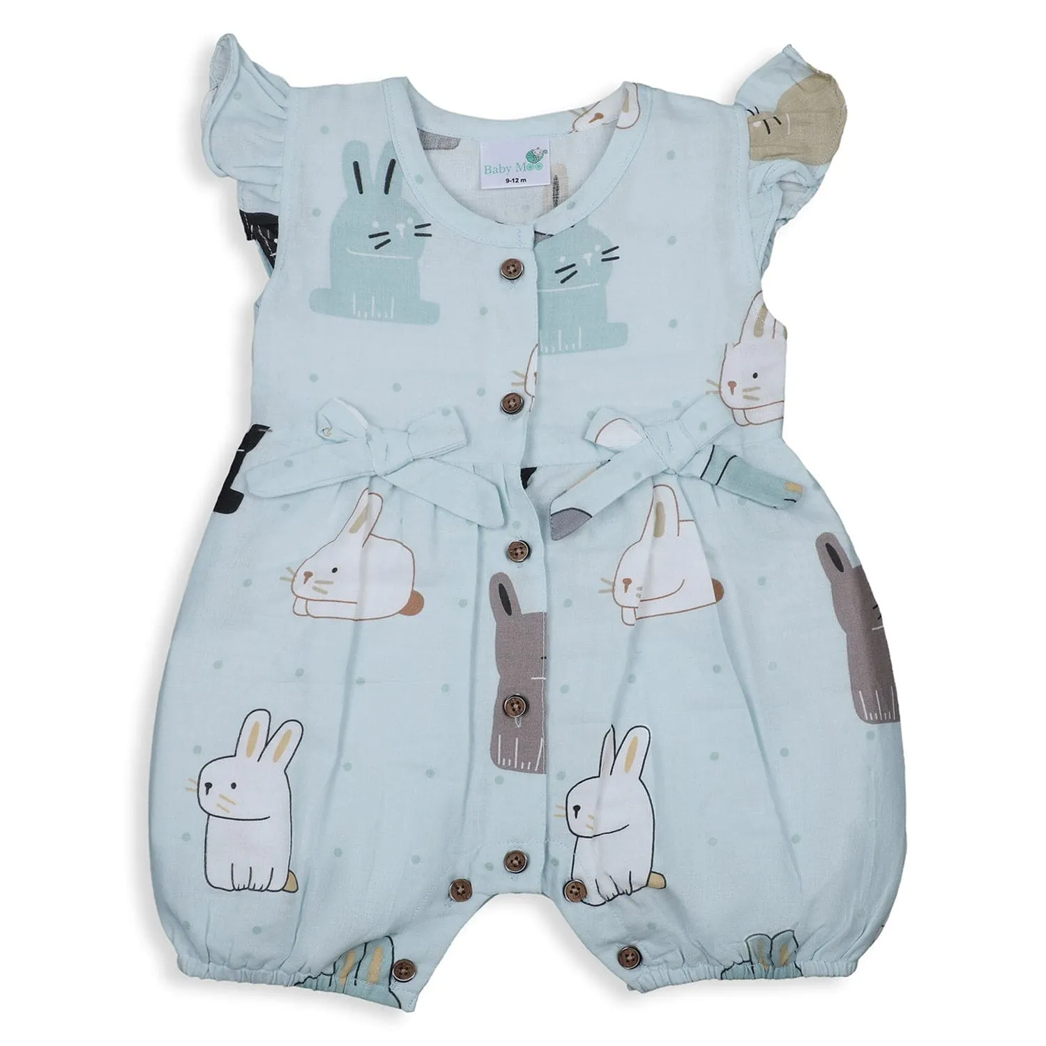 Baby Moo Cutie Bunny With Bows Sleeveless Buttoned Muslin Romper - Blue