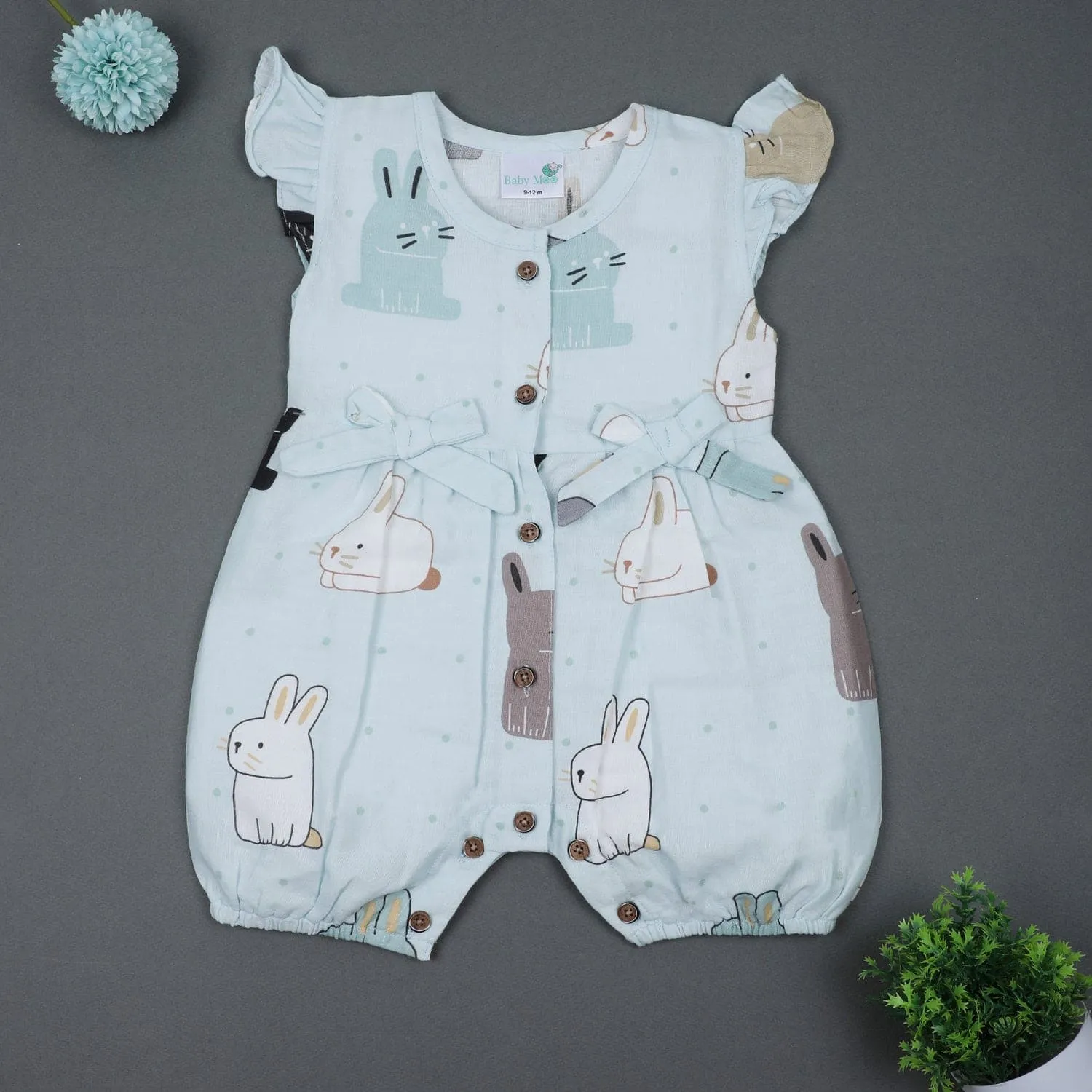 Baby Moo Cutie Bunny With Bows Sleeveless Buttoned Muslin Romper - Blue