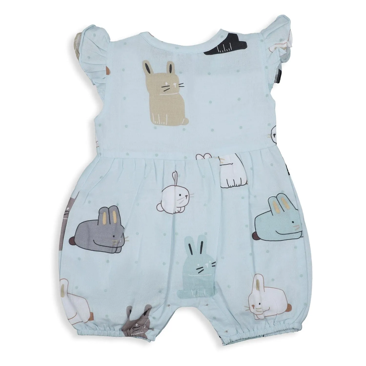 Baby Moo Cutie Bunny With Bows Sleeveless Buttoned Muslin Romper - Blue