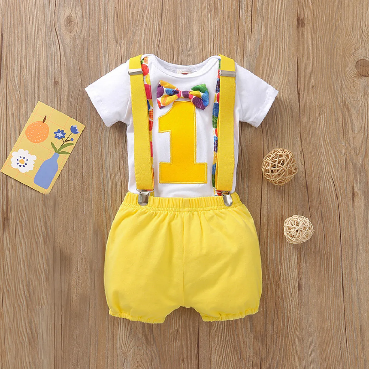 Babymoon 1st Birthday Cake Smash Outfit |Romper & Suspender Costume | 1 Yr - Yellow