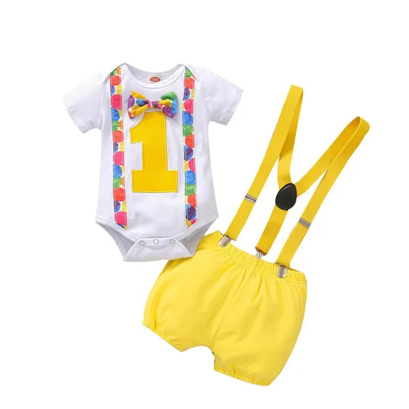 Babymoon 1st Birthday Cake Smash Outfit |Romper & Suspender Costume | 1 Yr - Yellow