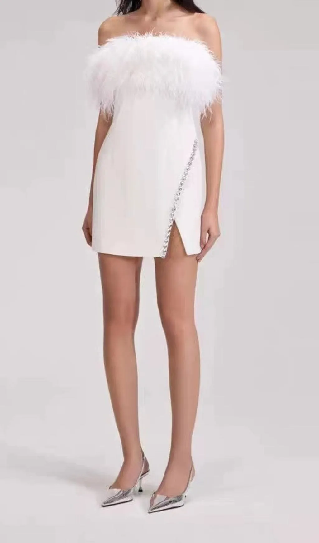 BANDAGE FEATHER CRYSTAL MINI DRESS IN WHITE