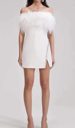 BANDAGE FEATHER CRYSTAL MINI DRESS IN WHITE