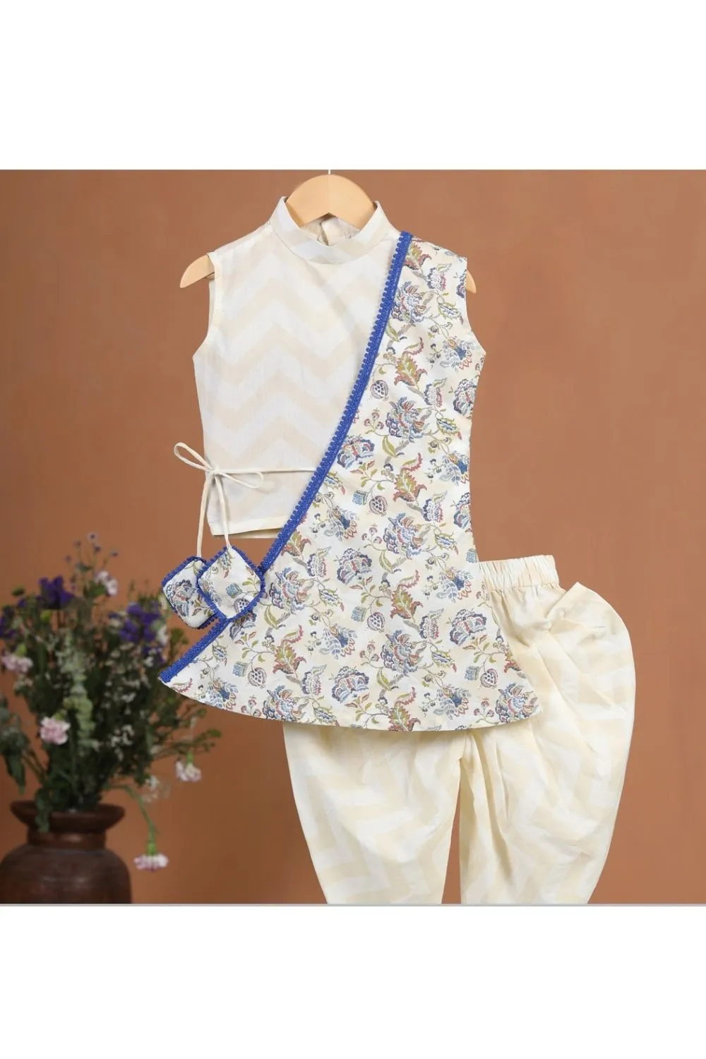 Beige Floral Cotton Printed Kurta With Cowl Dhoti Set