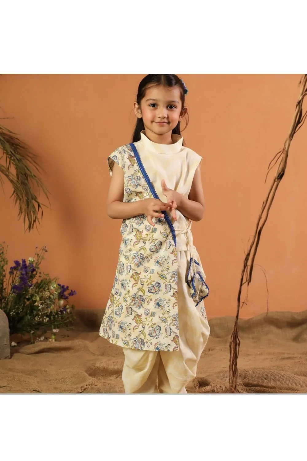 Beige Floral Cotton Printed Kurta With Cowl Dhoti Set