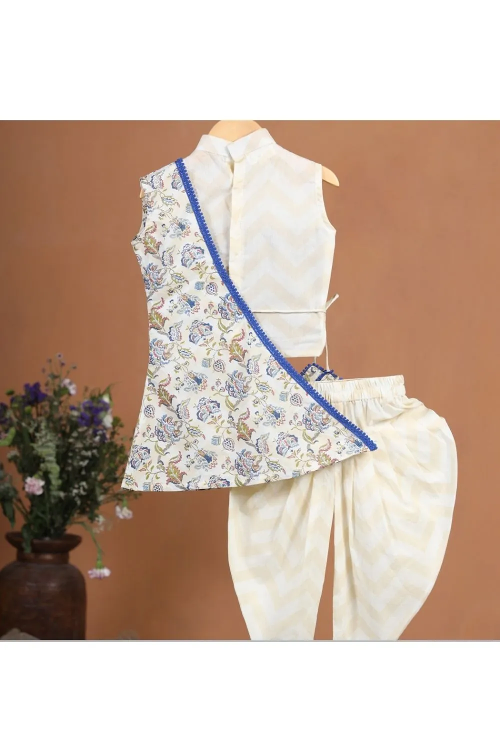 Beige Floral Cotton Printed Kurta With Cowl Dhoti Set