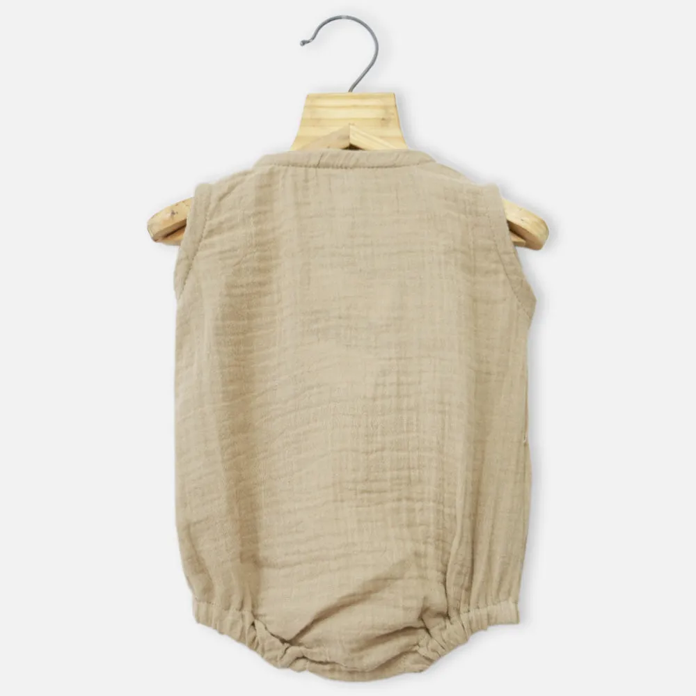 Beige Sleeveless Muslin Romper With Hairband