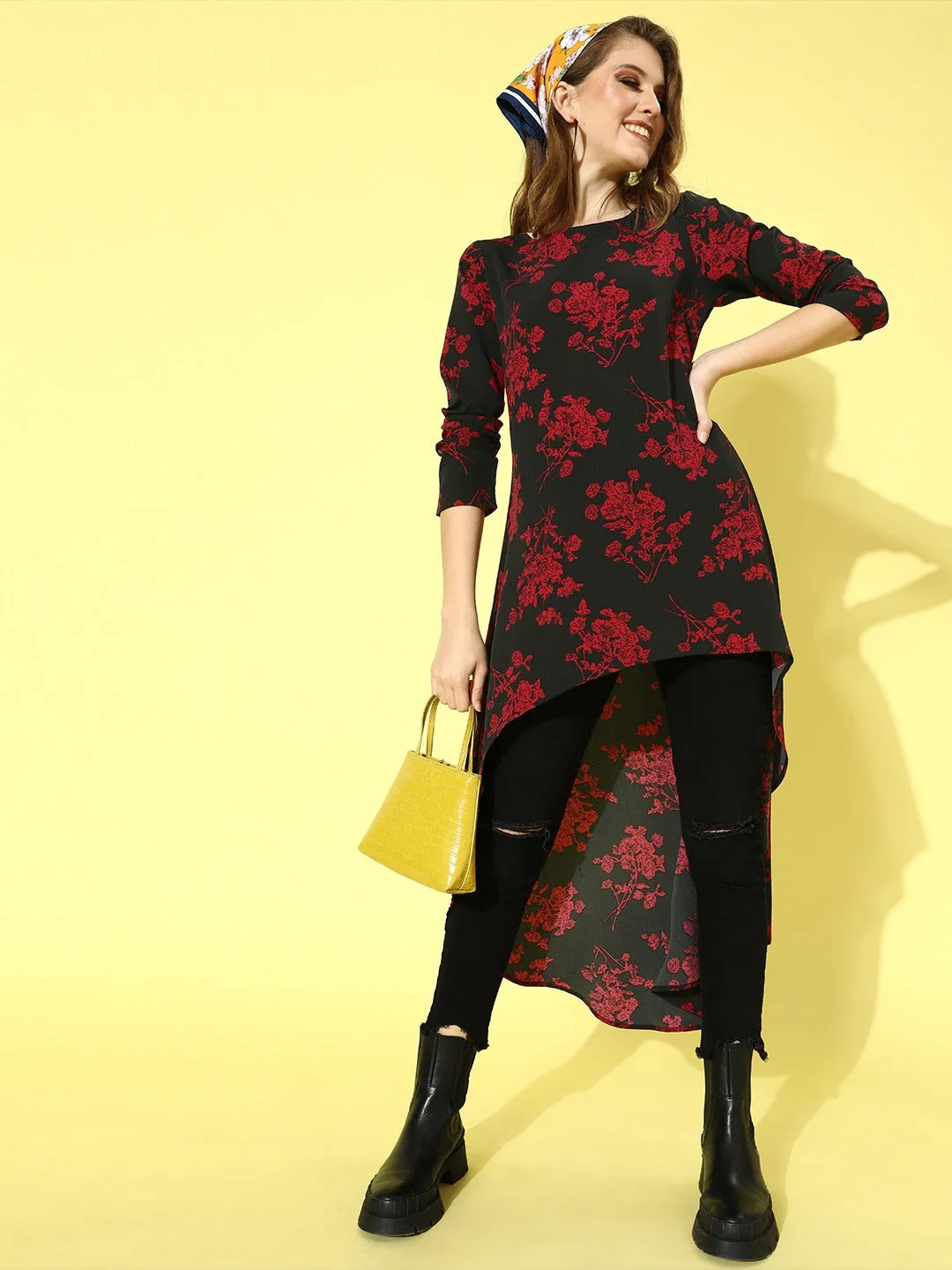 Berrylush Women Black & Red Floral Printed Asymmetric Tunic