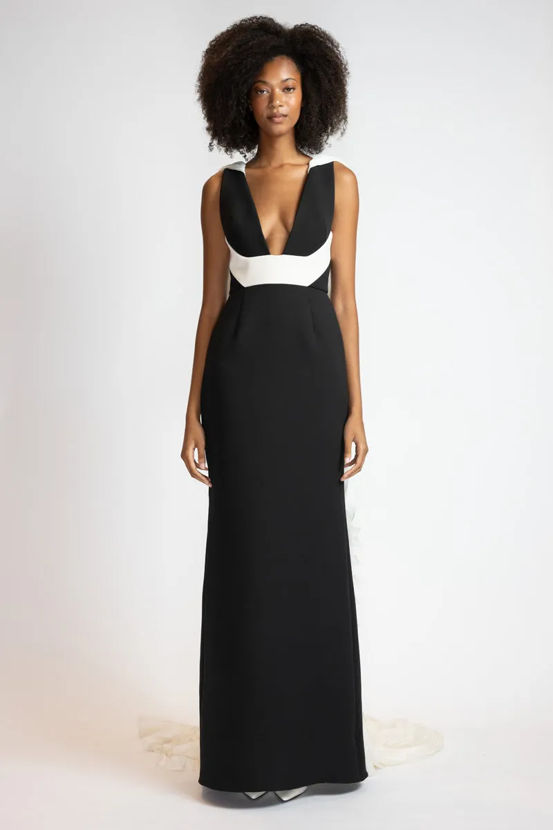 Black Cady Gown with Ivory Cady Harness and Chiffon Cape