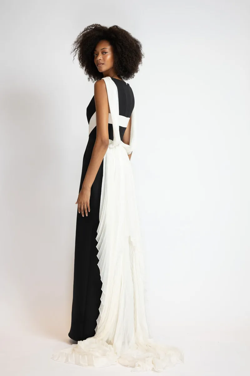 Black Cady Gown with Ivory Cady Harness and Chiffon Cape