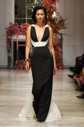 Black Cady Gown with Ivory Cady Harness and Chiffon Cape