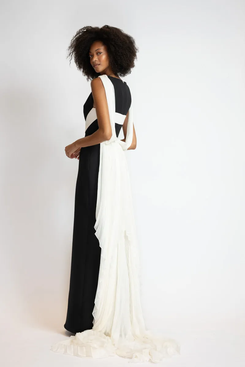 Black Cady Gown with Ivory Cady Harness and Chiffon Cape