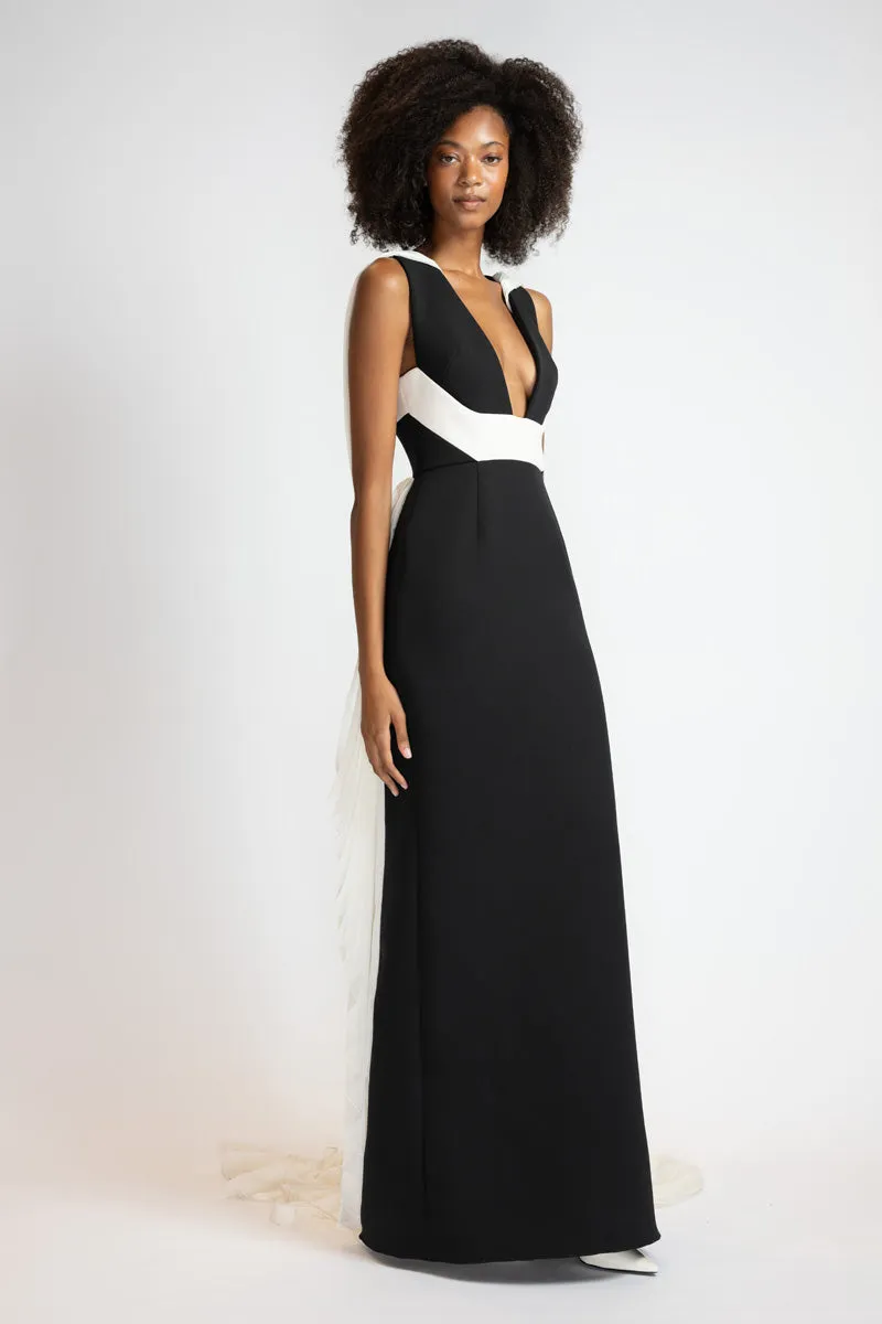 Black Cady Gown with Ivory Cady Harness and Chiffon Cape