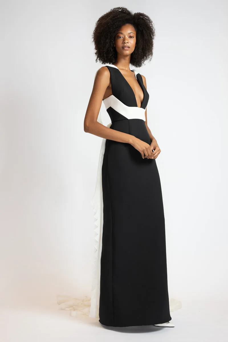 Black Cady Gown with Ivory Cady Harness and Chiffon Cape