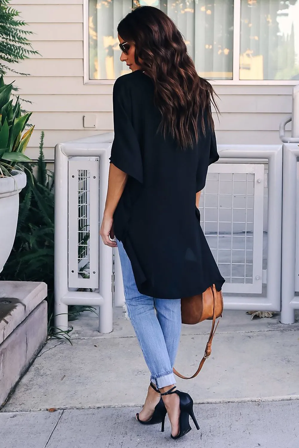 Black Chic High Low Flowy Style Blouses Top