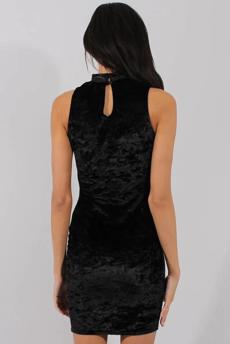 Black Crushed Velvet Choker Dress - Serina