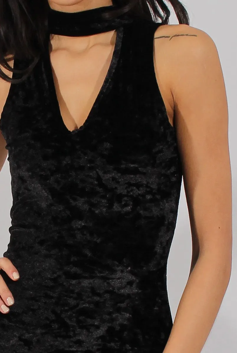 Black Crushed Velvet Choker Dress - Serina