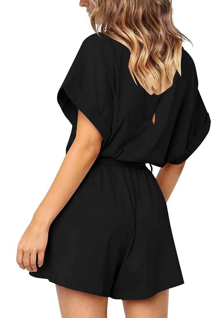 Black Elastic-Waist Short Sleeves Belted Loose Romper