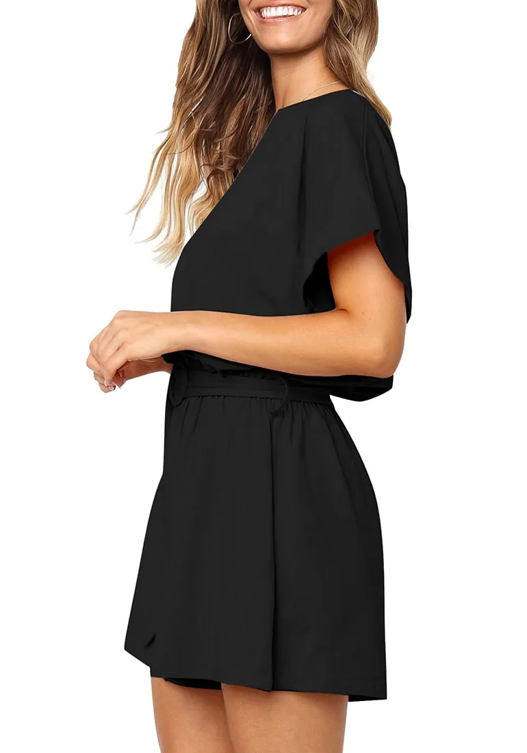 Black Elastic-Waist Short Sleeves Belted Loose Romper