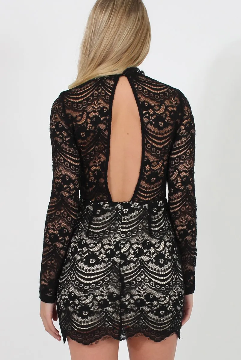 Black Lace High Neck Mini Dress - Taya